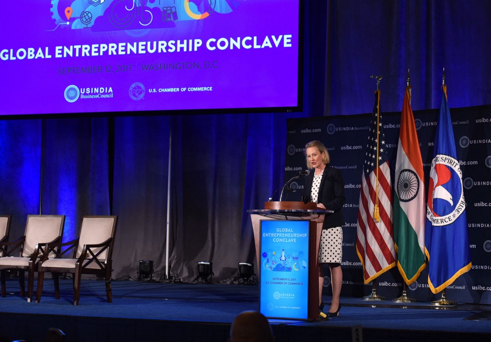 Acting Assistant Secretary for South and Central Asian Affairs Alice Wells delivers opening remarks at the U.S.-India Business Council Road to GES Entrepreneurship Conclave, U.S. Chamber of Commerce, Washington, D.C. (Photo courtesy: U.S. Chamber of Commerce)  